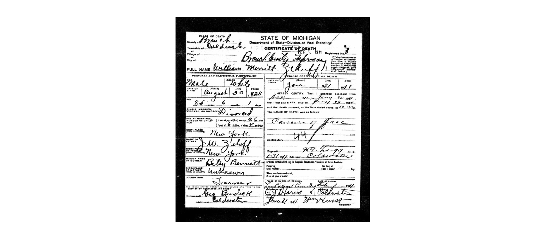 William Merritt Death Certificate, 1911